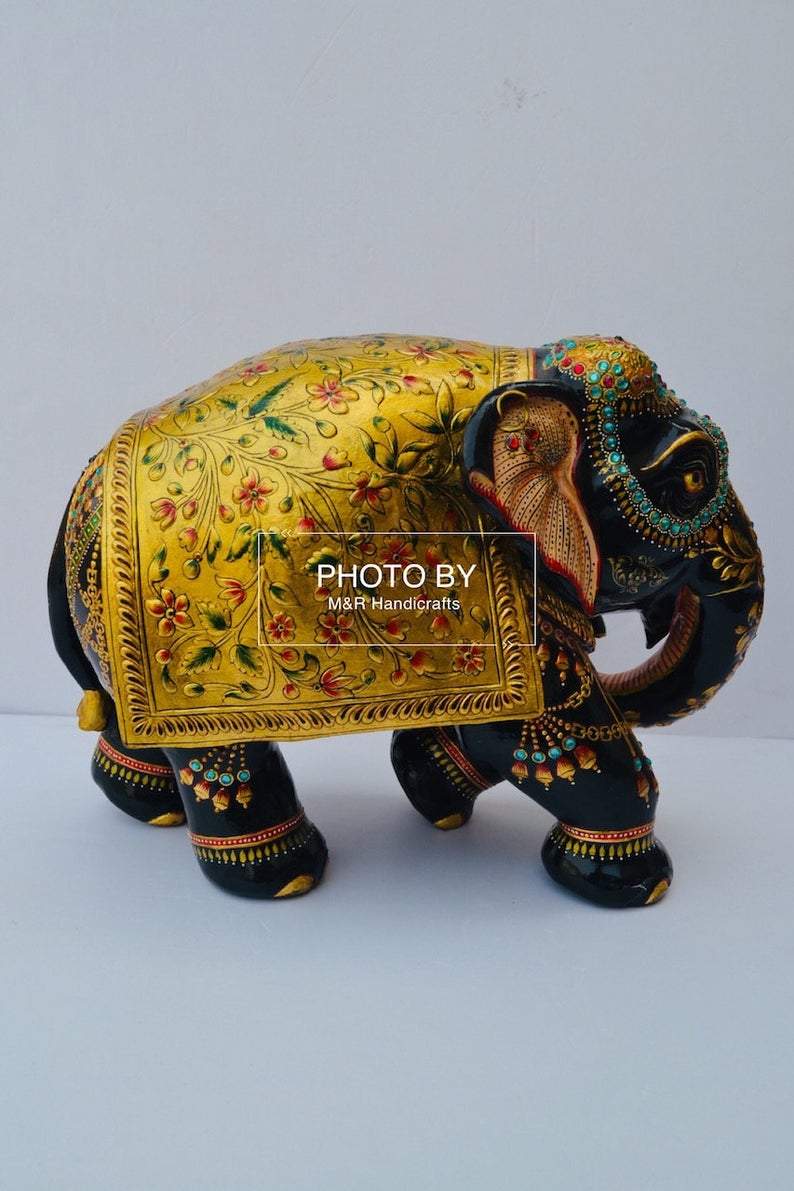 Wooden Fine Embossed Painted Elephant Statue - Malji Arts