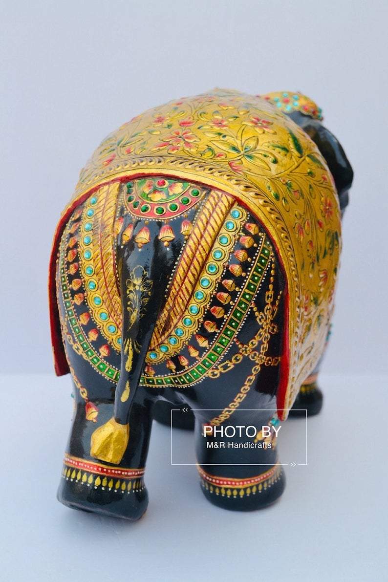 Wooden Fine Embossed Painted Elephant Statue - Malji Arts