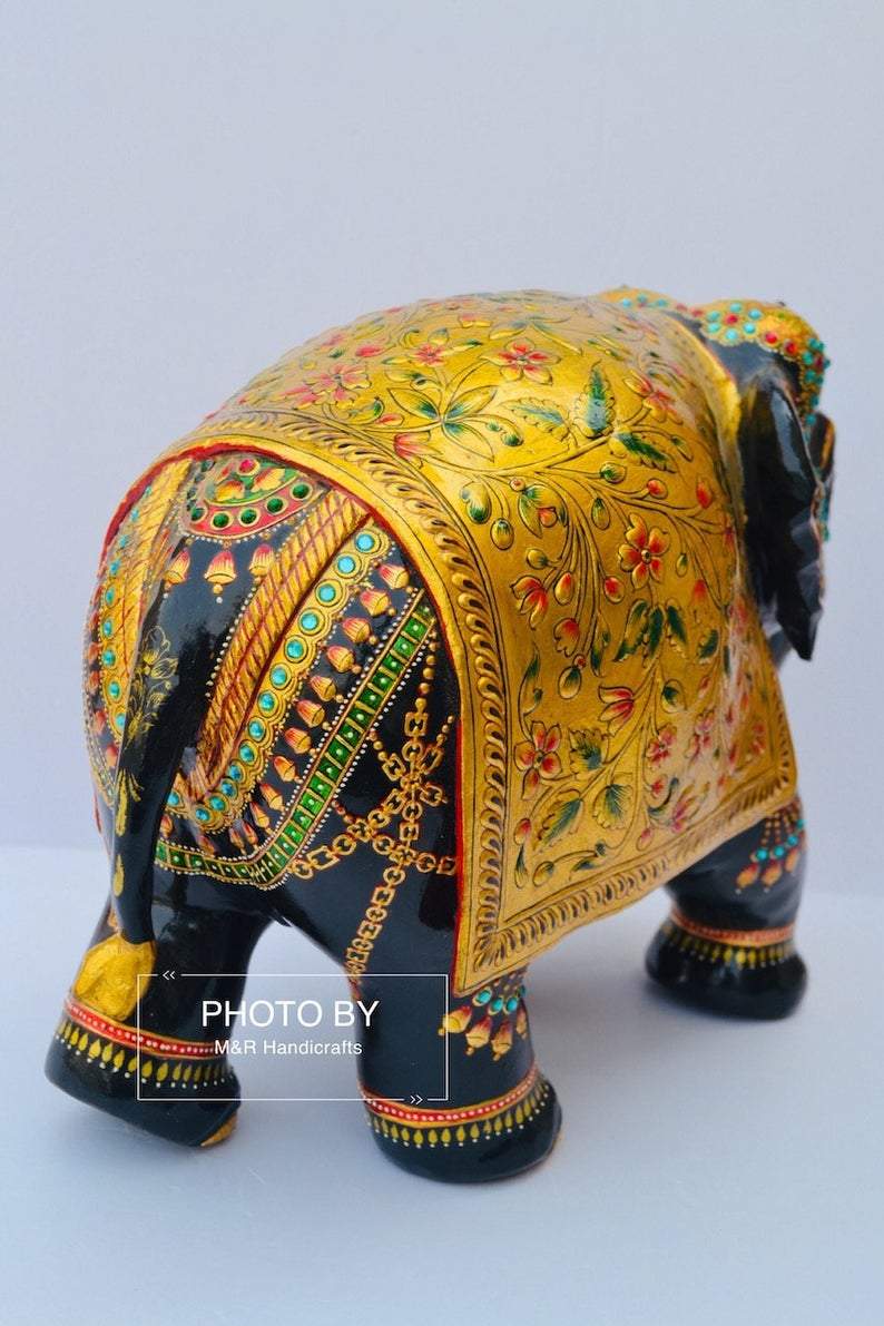 Wooden Fine Embossed Painted Elephant Statue - Malji Arts