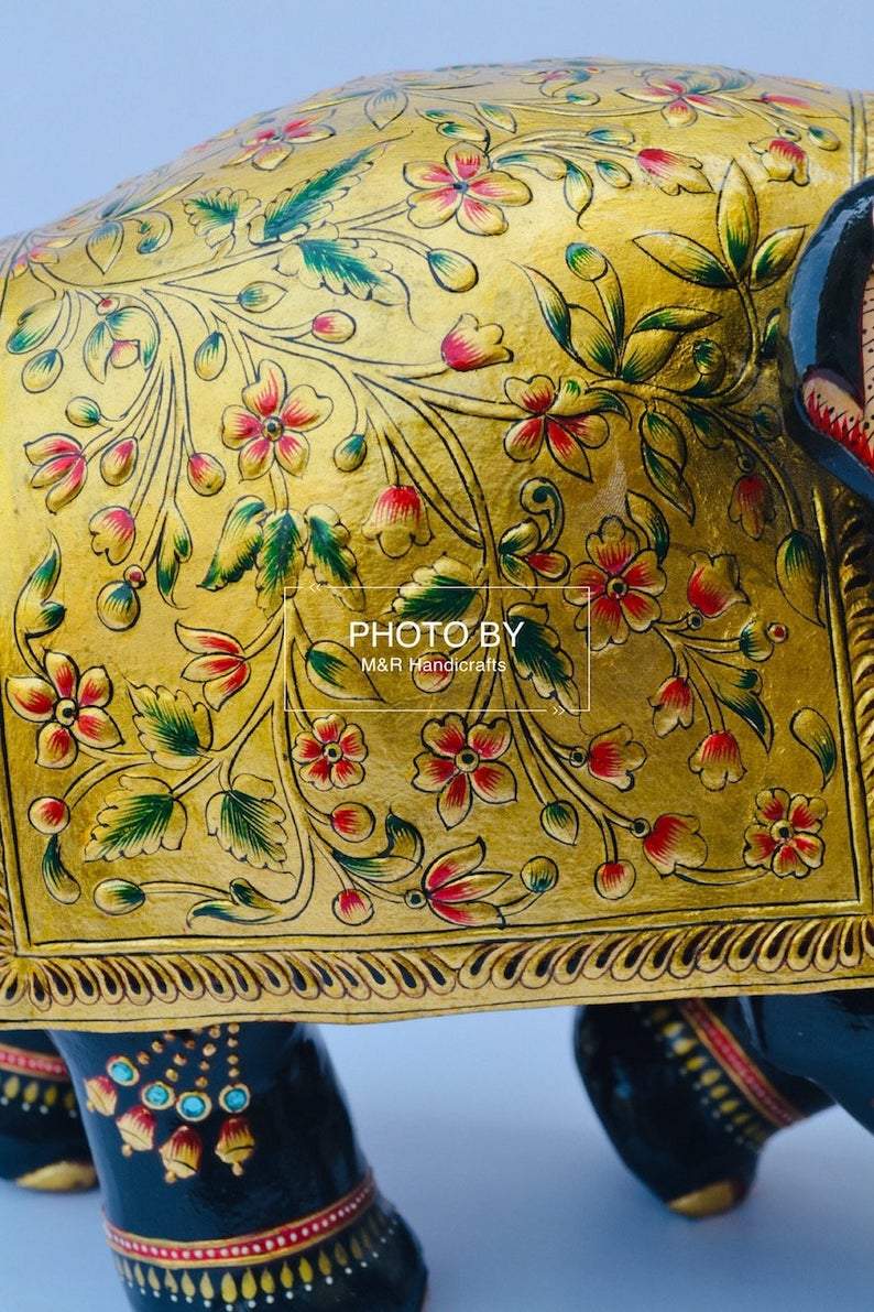 Wooden Fine Embossed Painted Elephant Statue - Malji Arts