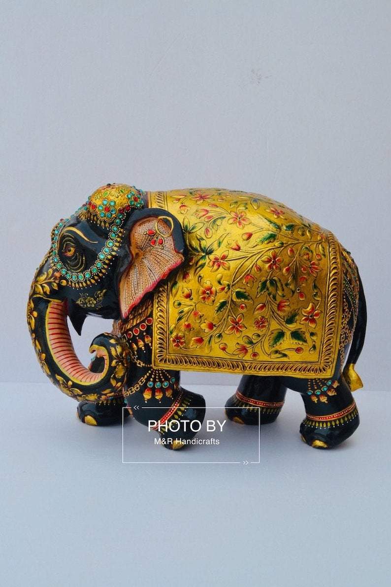Wooden Fine Embossed Painted Elephant Statue - Malji Arts