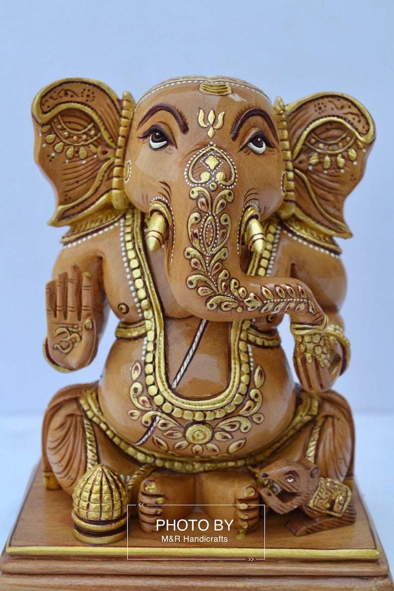 Wooden Hand Painted Baby Ganesha Statue - Malji Arts