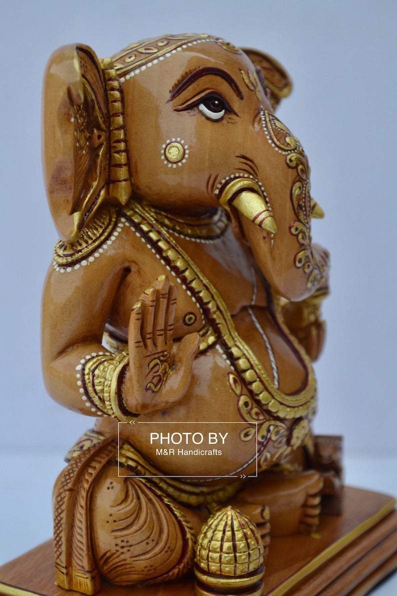 Wooden Hand Painted Baby Ganesha Statue - Malji Arts