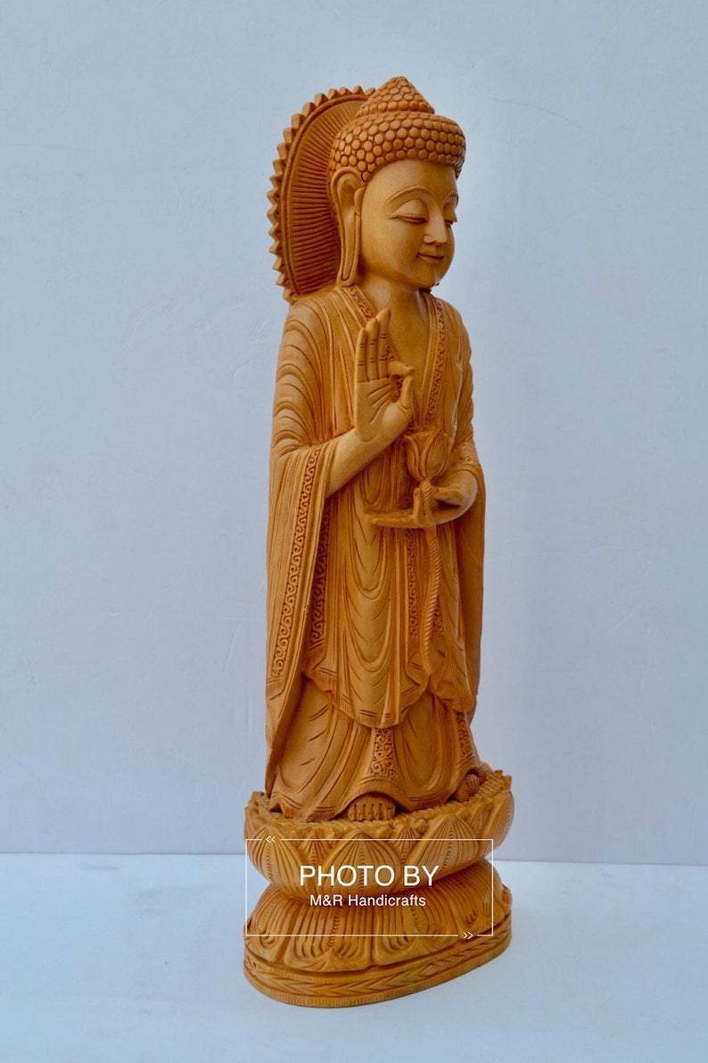 Wooden Standing Buddha Statue Big- 15 inches - Malji Arts