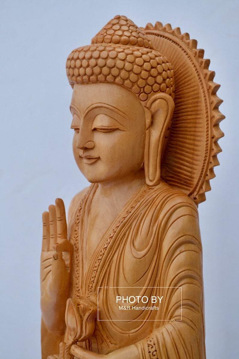 Wooden Standing Buddha Statue Big- 15 inches - Malji Arts