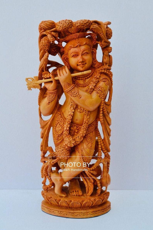 Wooden fine carved baby krishna statue - Malji Arts