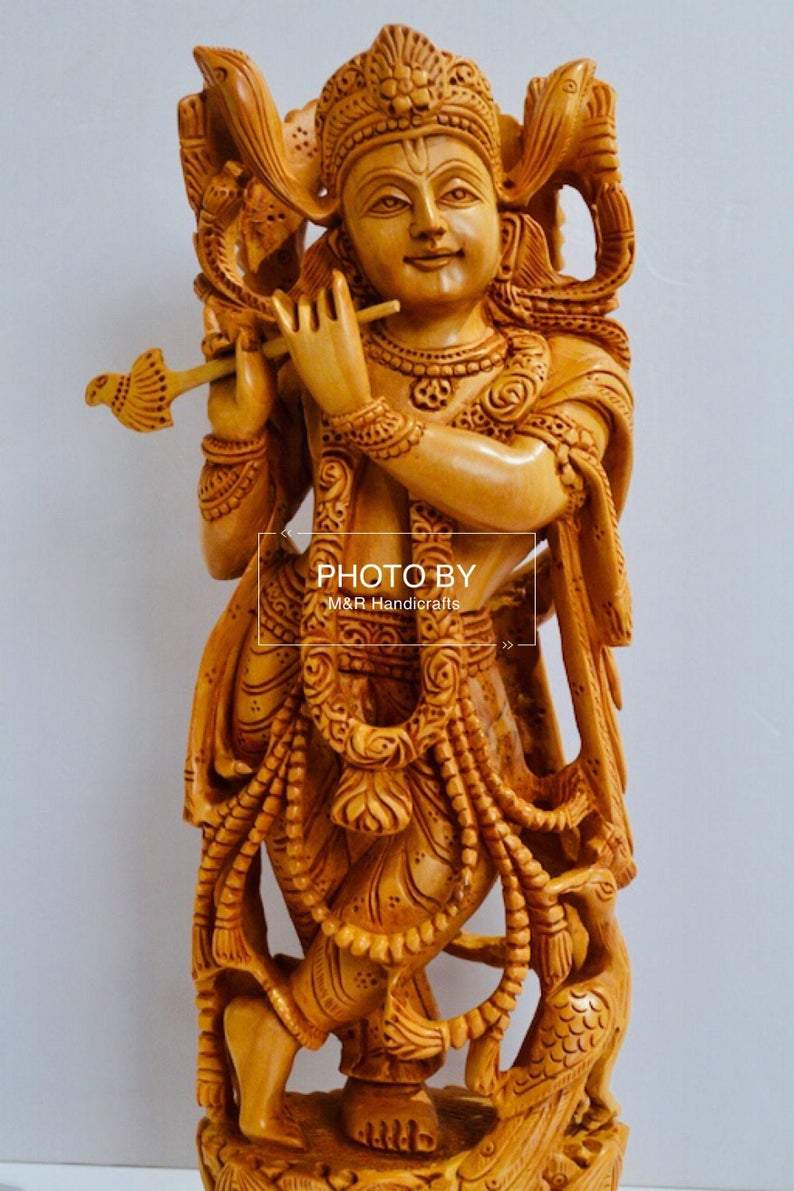 Wooden Fine Hand Carved Standing Krishna Statue - Malji Arts