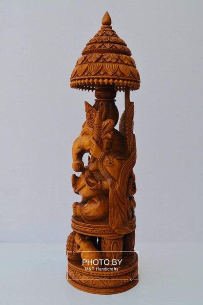 Sandalwood Beautifully Hand Carved Ganesha Chatri or umbrella - Malji Arts