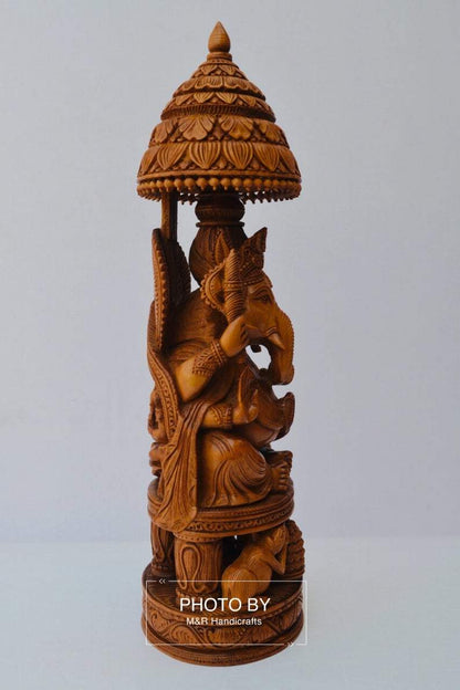 Sandalwood Beautifully Hand Carved Ganesha Chatri or umbrella - Malji Arts