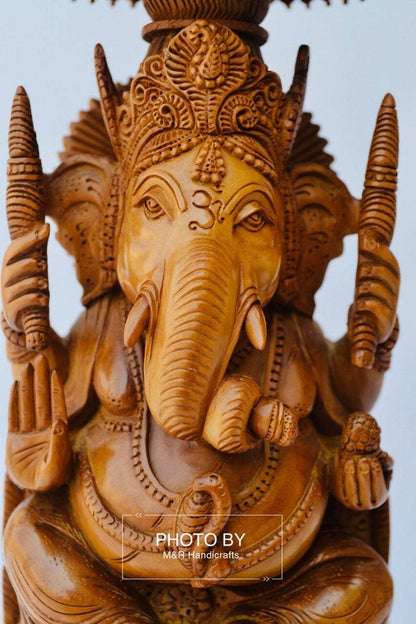 Sandalwood Beautifully Hand Carved Ganesha Chatri or umbrella - Malji Arts