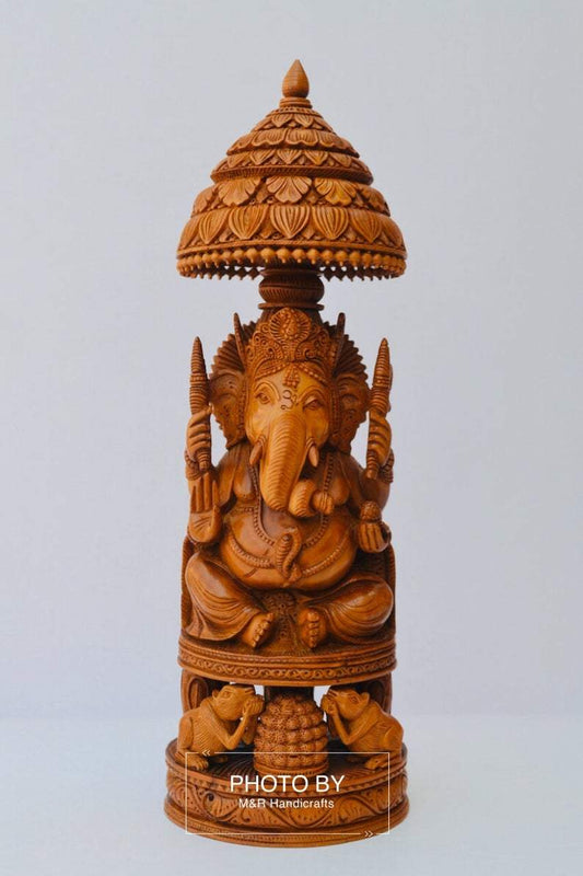 Sandalwood Beautifully Hand Carved Ganesha Chatri or umbrella - Malji Arts