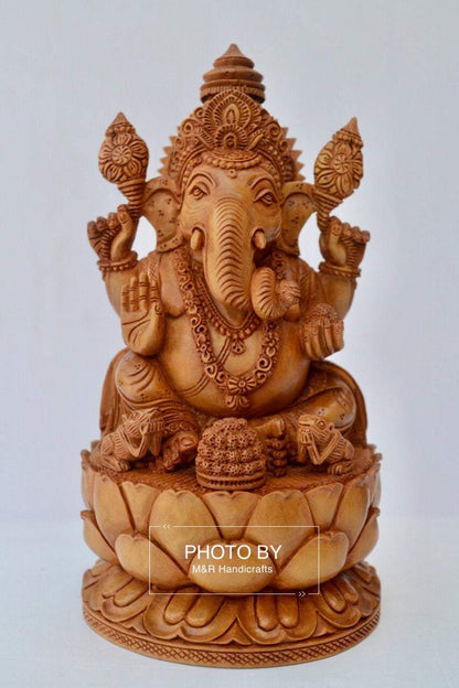 Sandalwood Fine Hand Carved Ganesha Statue on Lotus - Malji Arts