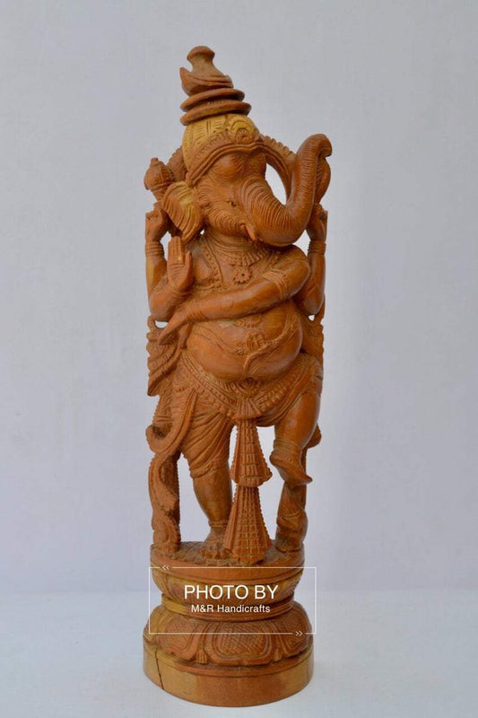 Vintage Sandalwood Carved Rare Lord Ganesha Dancing Statue - Malji Arts