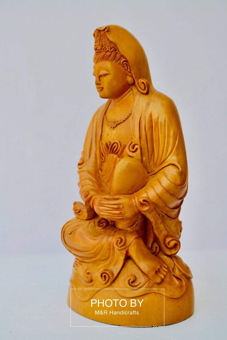 Sandalwood Hand Carved Sitting Lady Buddha Statue - Malji Arts