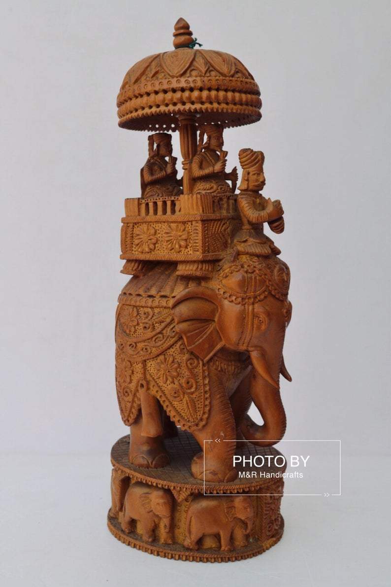 Vintage Sandalwood Fine Carved Royal Elephant Ambabari Statue - Malji Arts