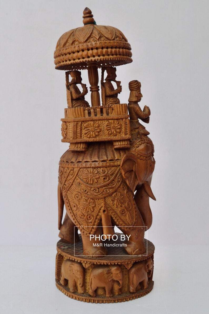 Vintage Sandalwood Fine Carved Royal Elephant Ambabari Statue - Malji Arts