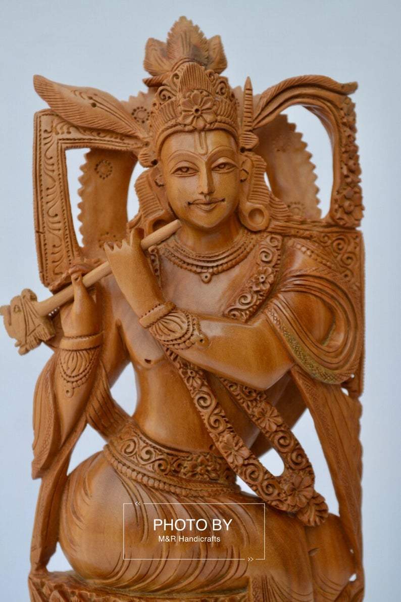 Sandalwood Very Fine Carved Sitting Lord Krishna Statue - Malji Arts