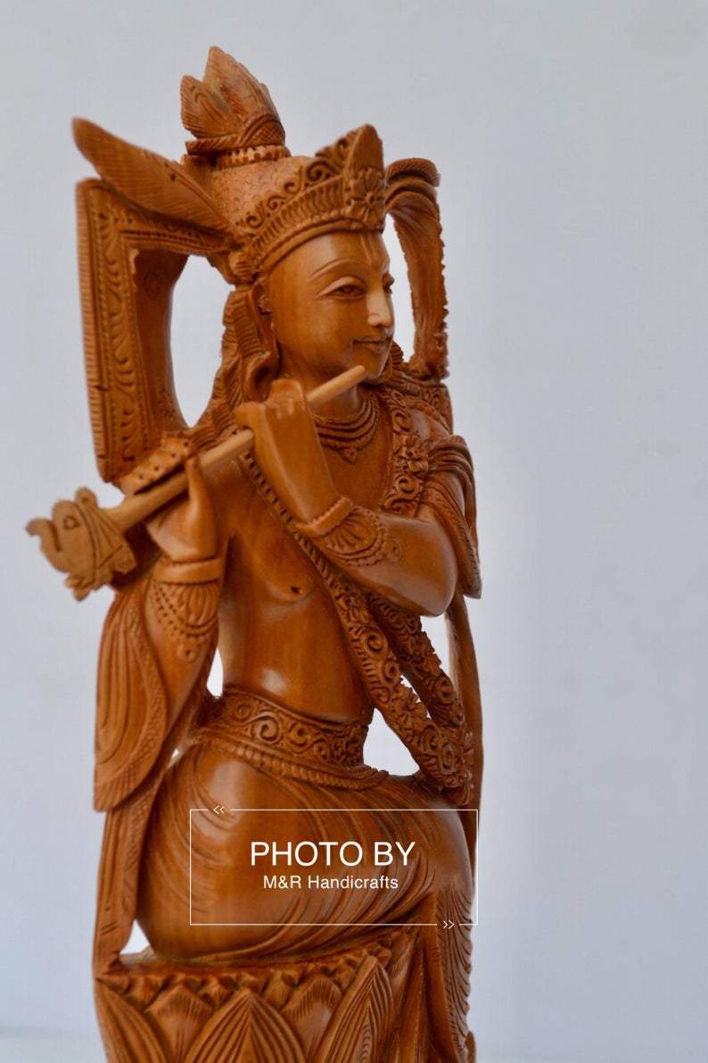 Sandalwood Very Fine Carved Sitting Lord Krishna Statue - Malji Arts