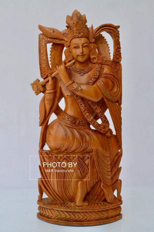 Sandalwood Very Fine Carved Sitting Lord Krishna Statue - Malji Arts