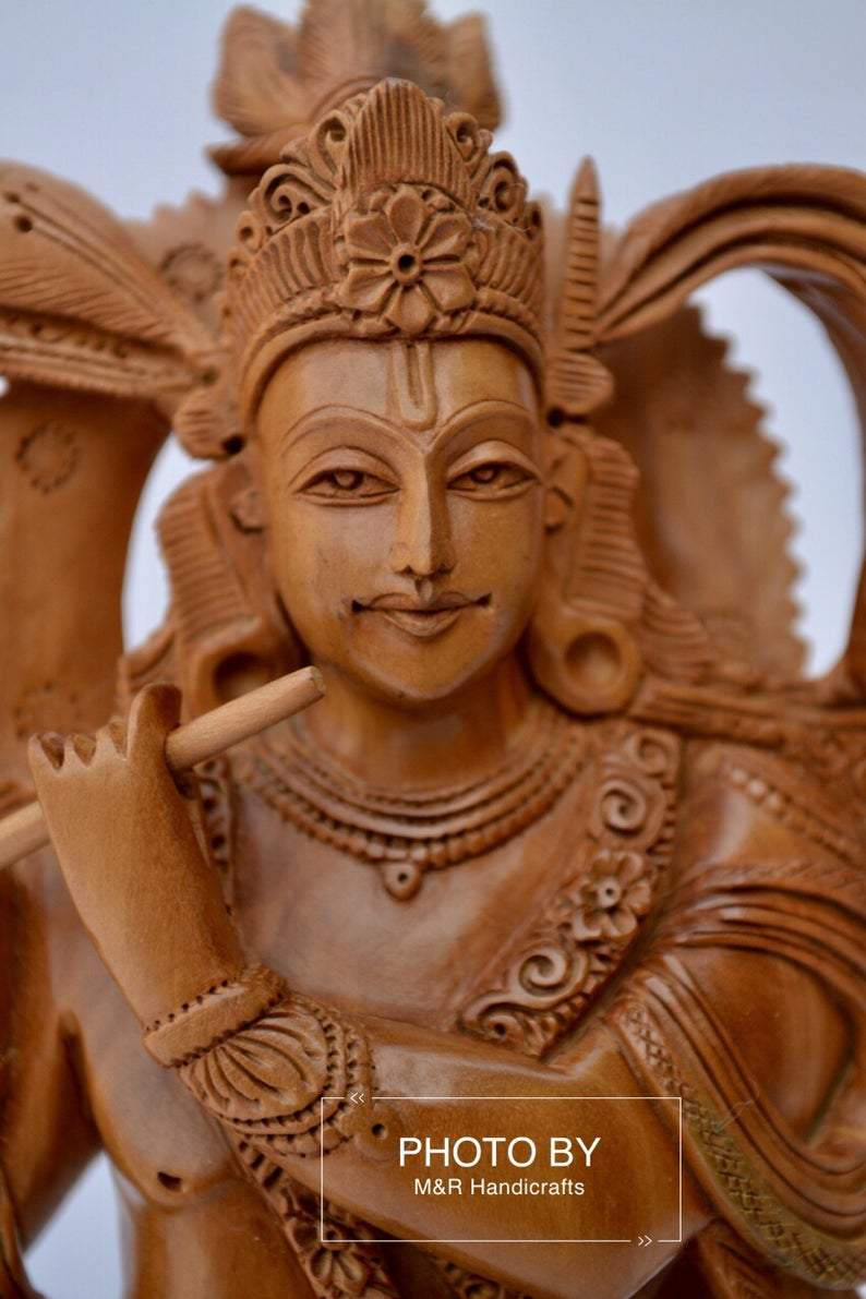 Sandalwood Very Fine Carved Sitting Lord Krishna Statue - Malji Arts