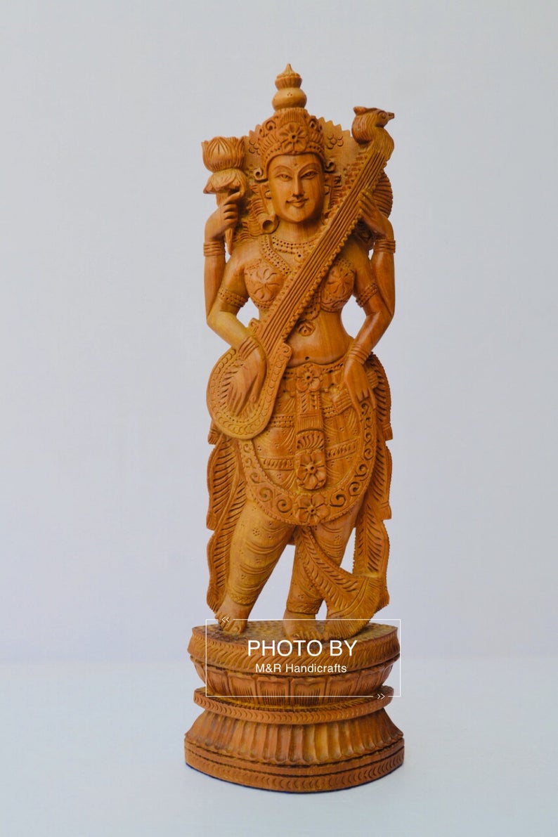 Sandalwood Beautifully Hand Carved goddess Saraswati Statue - Malji Arts