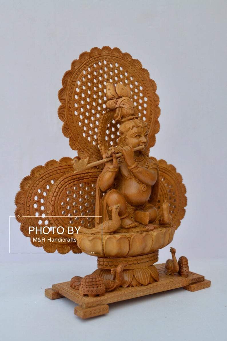 Sandalwood Carved Baby Krishna Statue with Unique Base - Malji Arts