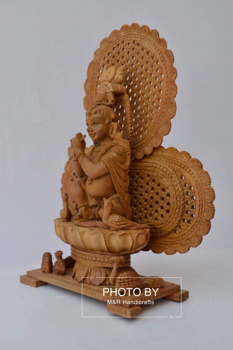 Sandalwood Carved Baby Krishna Statue with Unique Base - Malji Arts