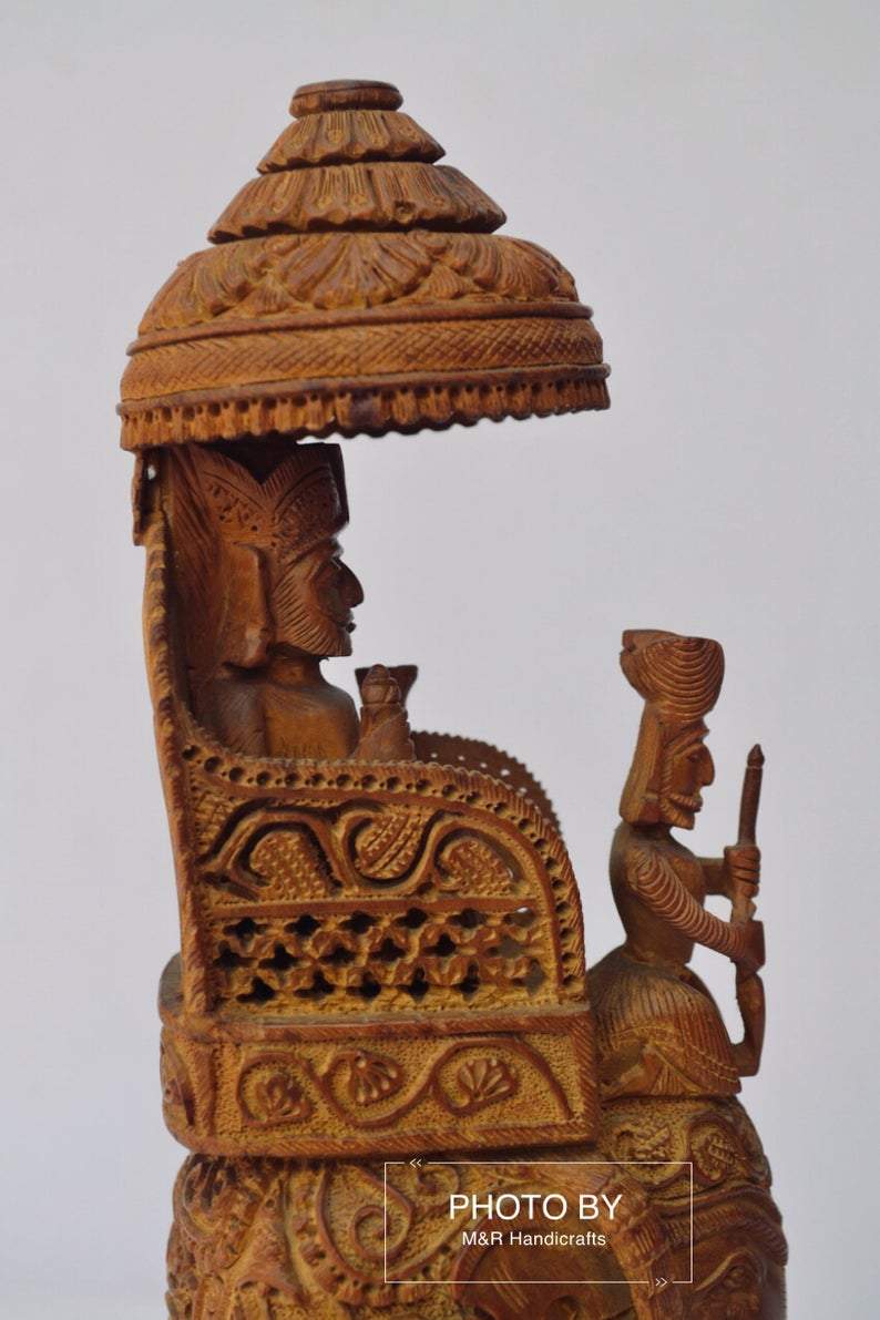 Vintage Sandalwood Carved Royal Elephant Ambabari Statue - Malji Arts