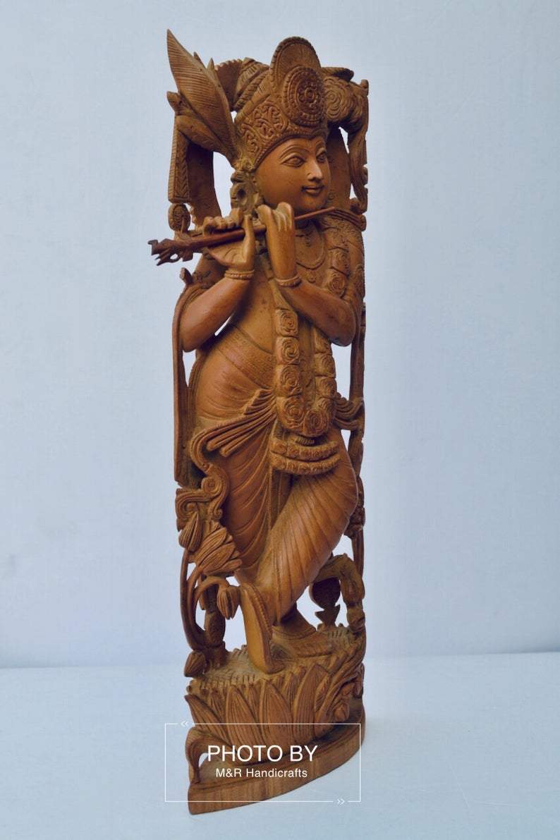 Vintage Sandalwood Carved Lord Krishna statue - Malji Arts