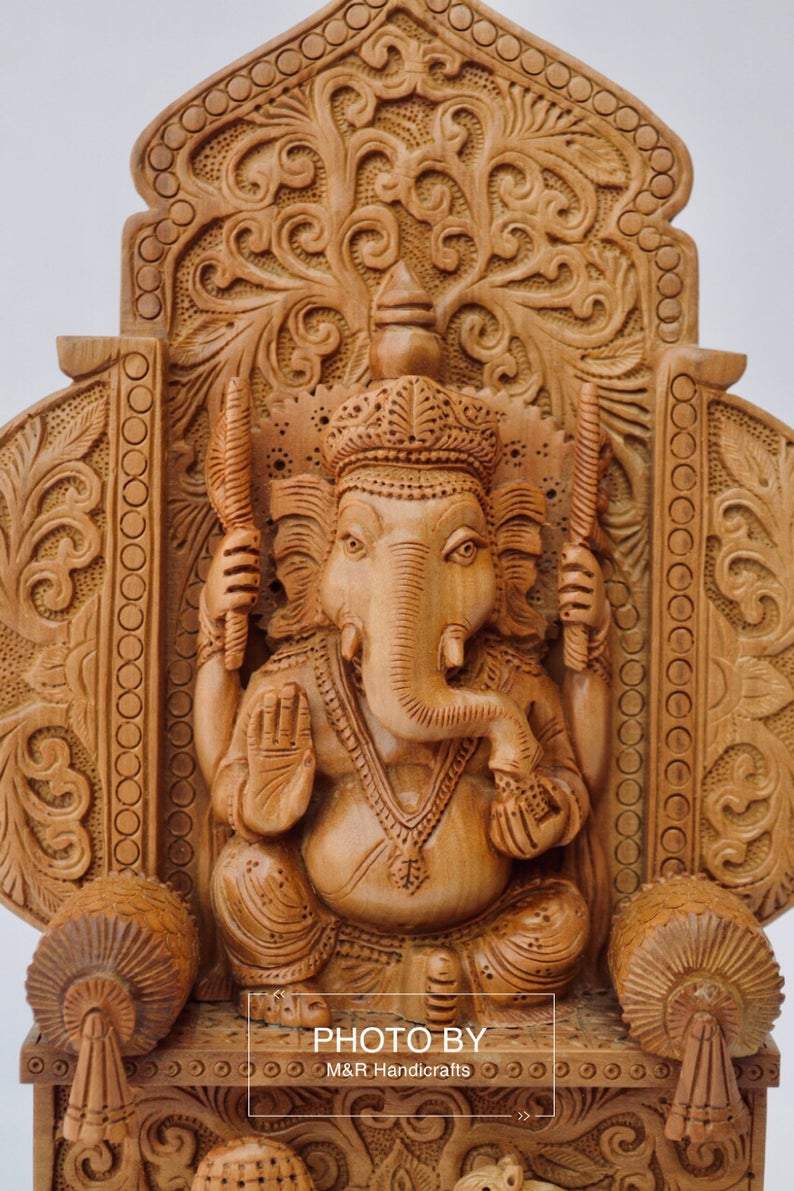 Sandalwood Beautifully Carved Lord Ganesha Mehrab Statue - Malji Arts