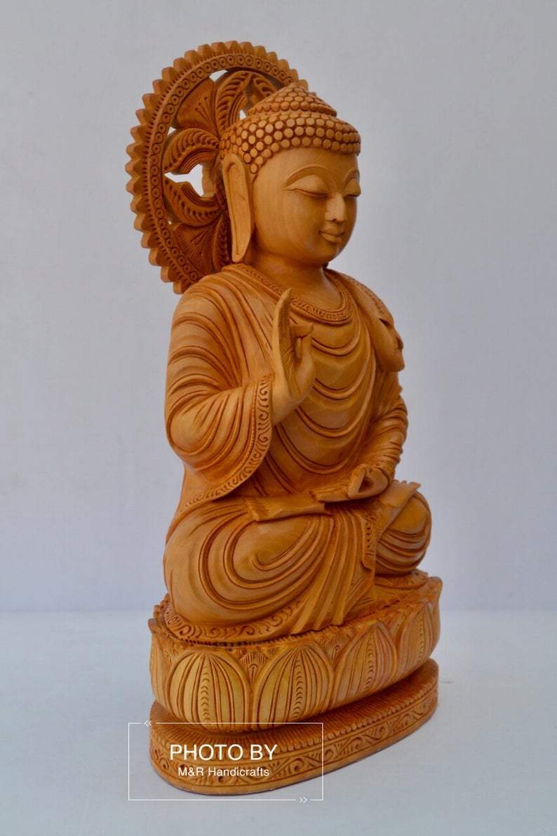 Wooden fine Hand Carved Buddha Sitting Statue - Malji Arts