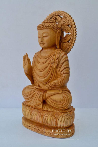 Wooden fine Hand Carved Buddha Sitting Statue - Malji Arts