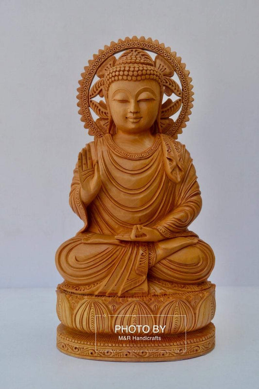 Wooden fine Hand Carved Buddha Sitting Statue - Malji Arts