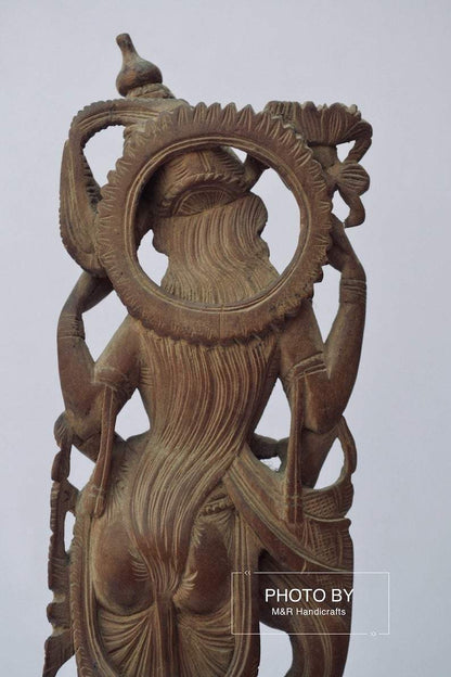 Vintage Sandalwood Carved Rare Goddess Saraswati Statue - Malji Arts