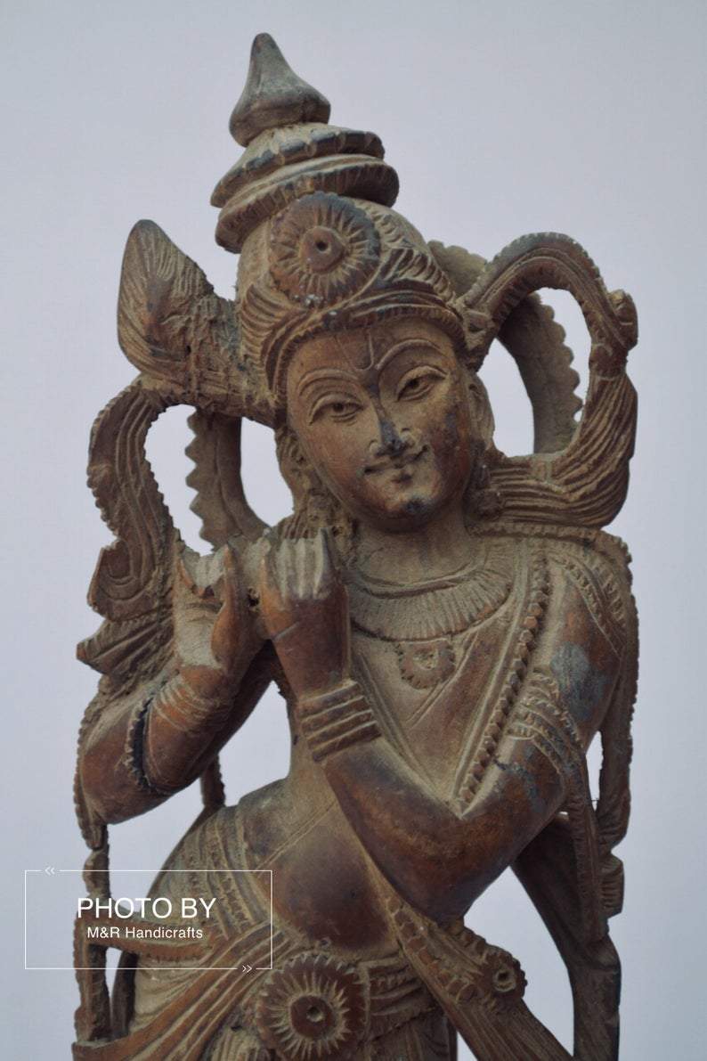 Vintage Sandalwood Carved Rare Lord Krishna Statue - Malji Arts