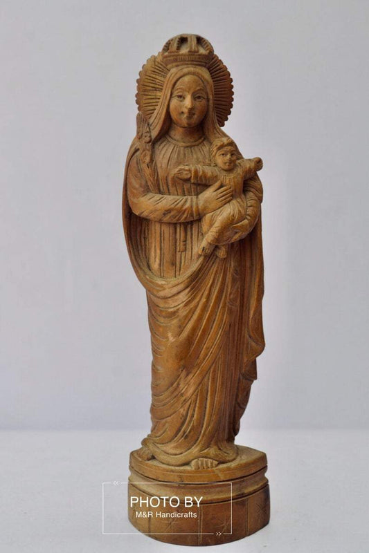 Antique Sandalwood Carved Mother Mary with Infant Jesus statue - Malji Arts