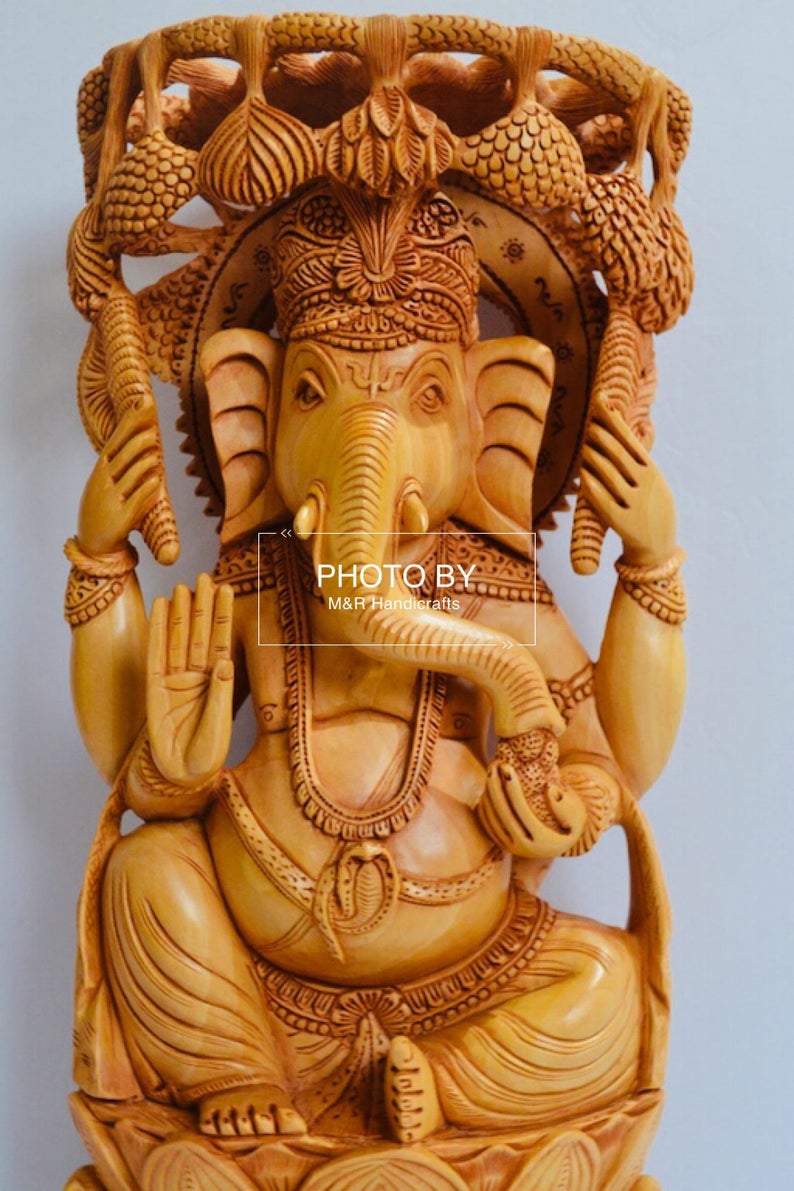 Wooden Fine Carved Ganesha Statue Under Tree - Malji Arts