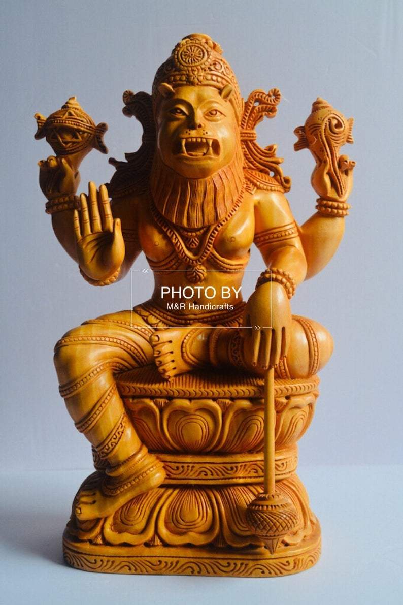 Wooden Fine Carved Lord Narasimha Statue - Malji Arts