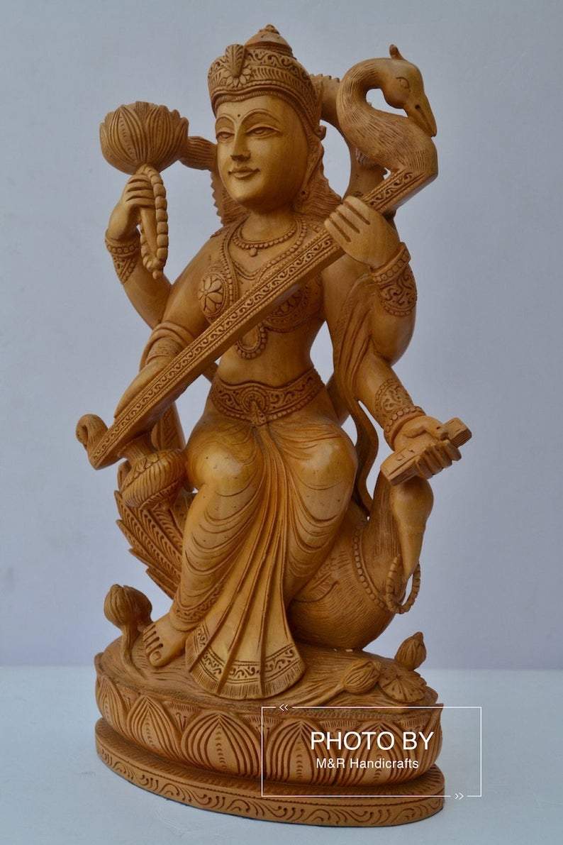 Beautifully Hand Carved Wooden Goddess Saraswati Statue - Malji Arts