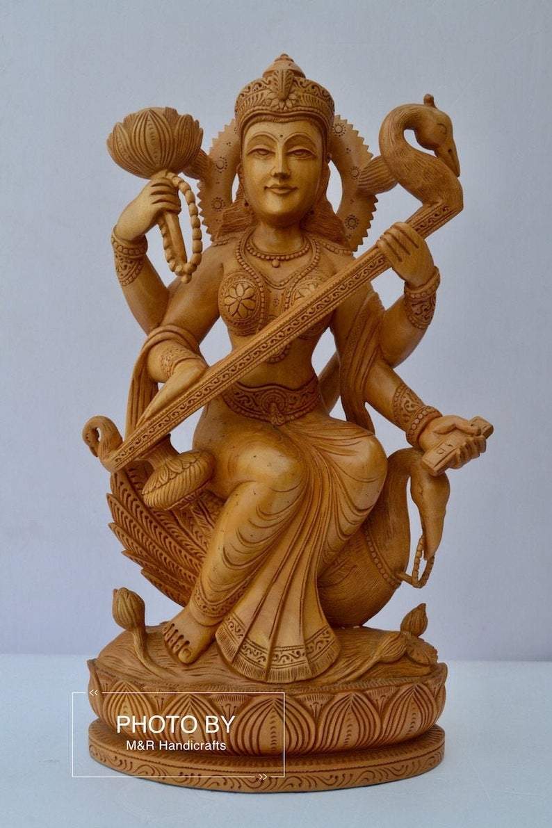 Beautifully Hand Carved Wooden Goddess Saraswati Statue - Malji Arts