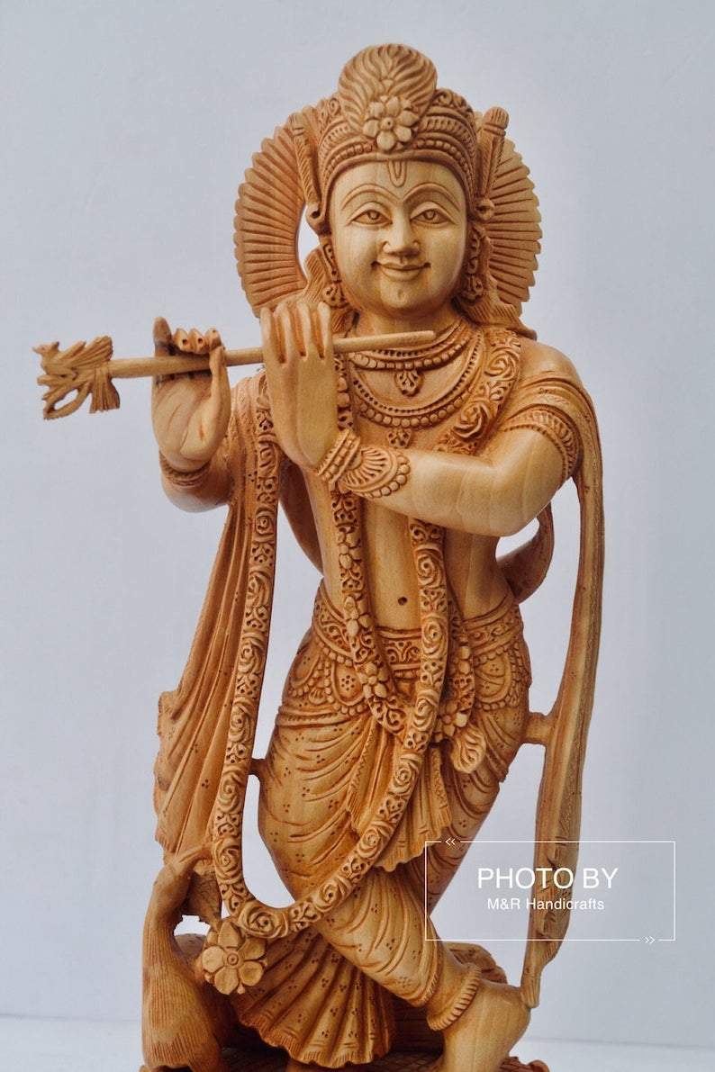 Wooden Very Beautifully Hand Carved Smiling Lord Krishna Statue - Malji Arts
