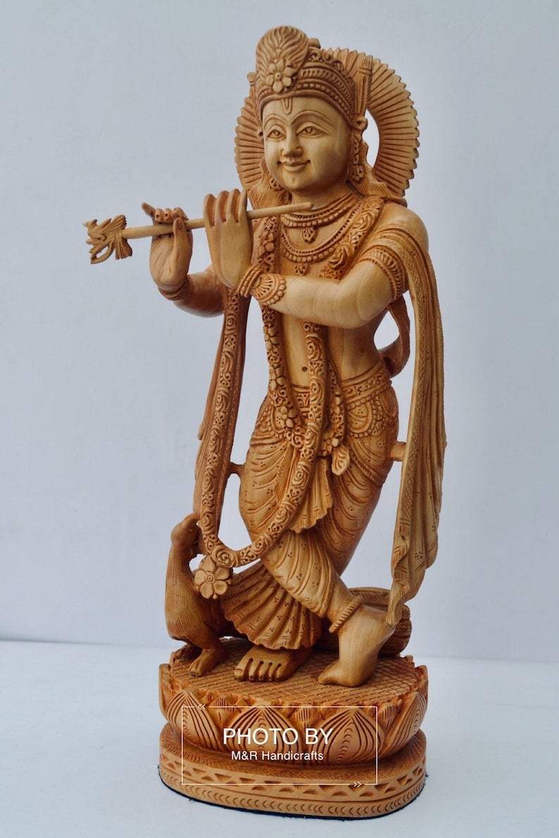 Wooden Very Beautifully Hand Carved Smiling Lord Krishna Statue - Malji Arts