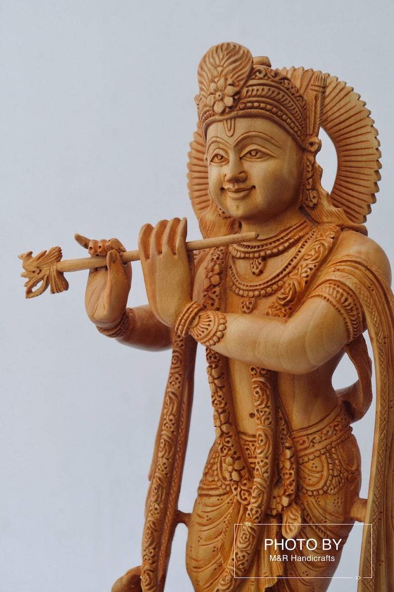 Wooden Very Beautifully Hand Carved Smiling Lord Krishna Statue - Malji Arts