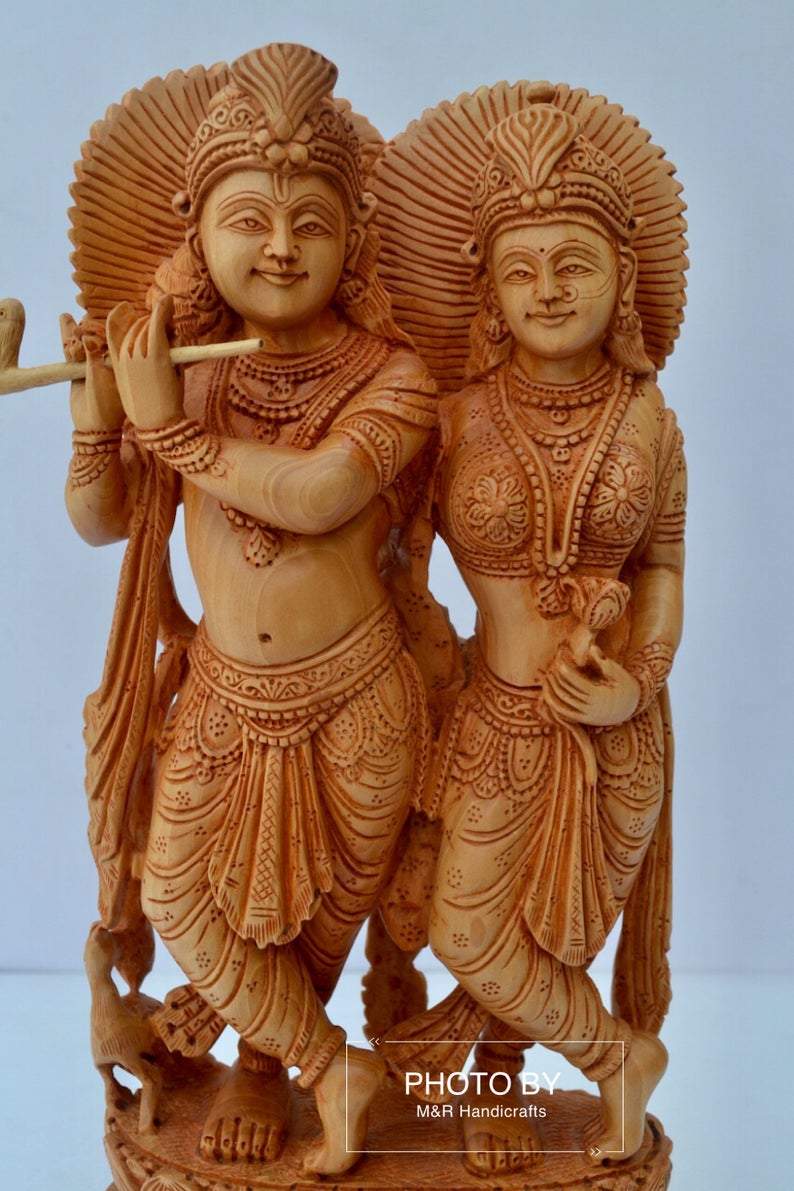 Wooden beautifully hand carved radha krishna statue - Malji Arts