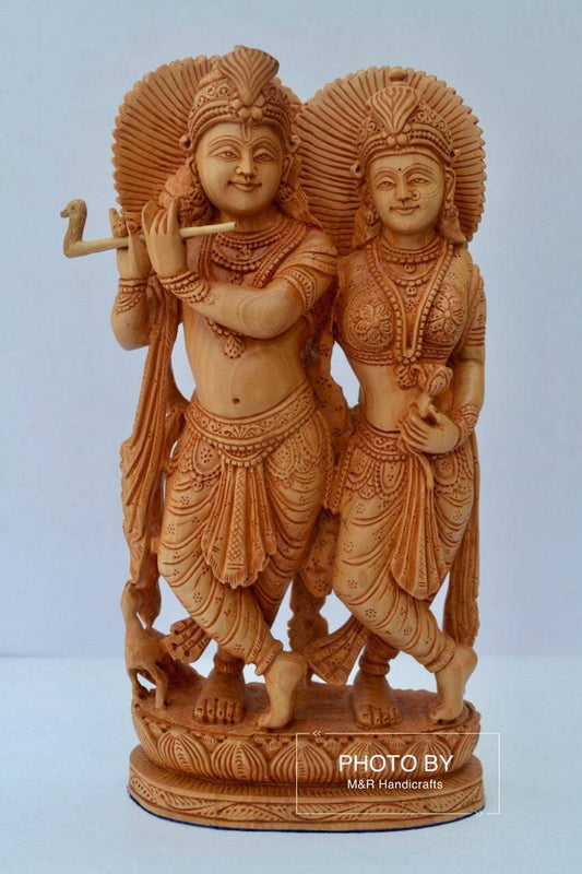 Wooden beautifully hand carved radha krishna statue - Malji Arts