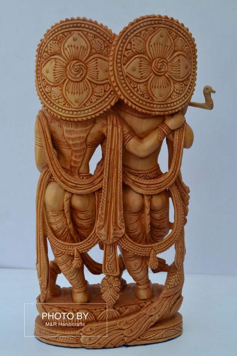 Wooden beautifully hand carved radha krishna statue - Malji Arts