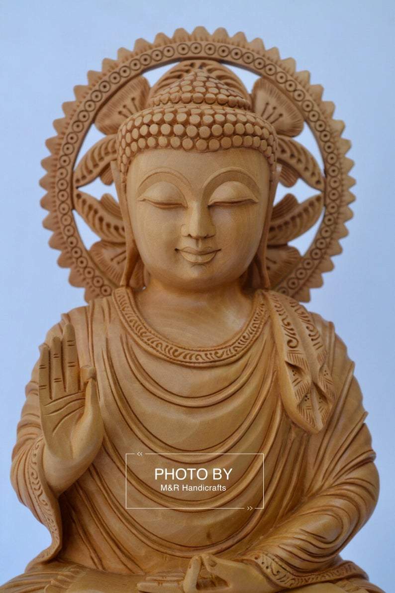 Wooden fine Hand Carved Buddha Sitting Statue - Malji Arts
