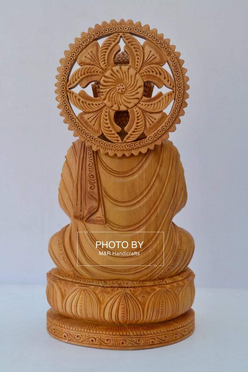 Wooden fine Hand Carved Buddha Sitting Statue - Malji Arts