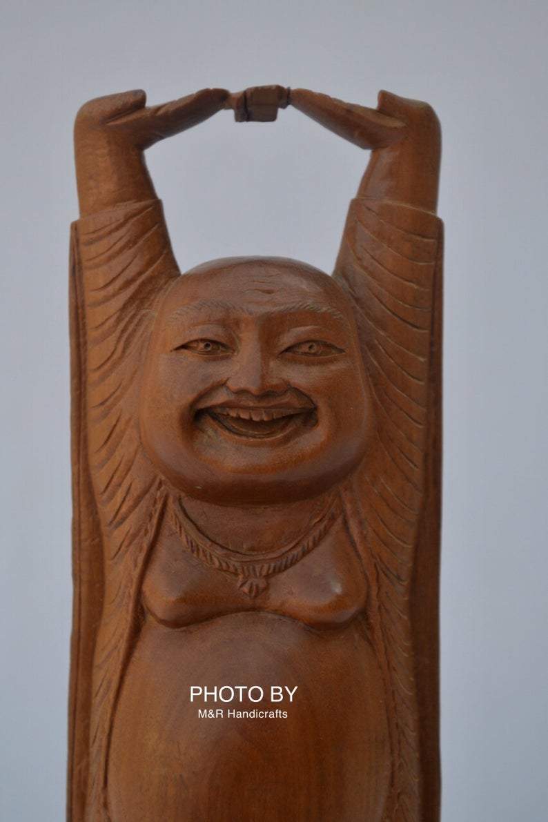 Vintage Sandalwood Carved Happy Man Laughing Buddha Statue - Malji Arts