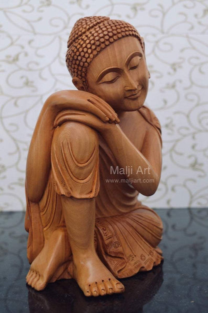 Fine Wood Carved Smiling Resting Buddha Statue - Malji Arts